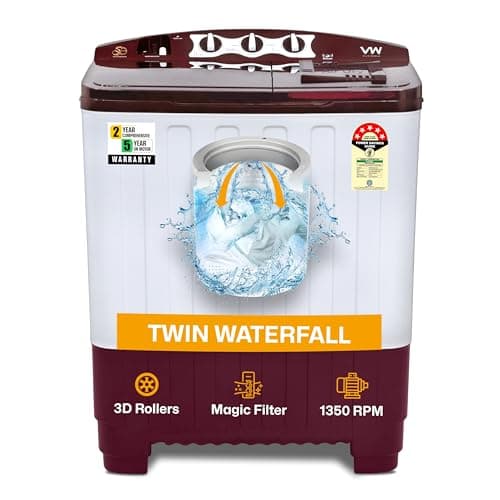 VW 8 kg 5 Star Super Wash Semi Automatic Top Load Washing Machine SuperWash0080P (White & Burgundy)