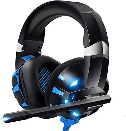 Gaming Headset K2PRO with Microphone Noise Canceling, Surround Sound Stereo Bass LED Lights Over-Ear 3.5mm for PS4 PS5 PC Xbox One (Adapter Needed) (Black-Blue)