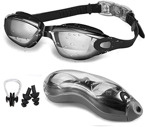 Prime Deals Mirrored Wide-Vision Swim Goggles Pro Clear Lens & Swimming Goggles with UV and Anti Fog Protection for Adult Men Women with Free Protective Case, Nose Clip, Ear Plugs - Grey