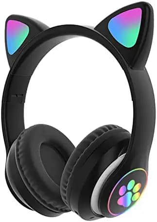 Wk Life Born To Live 2022 Updated with 5.1 Version Wk Life K8 Kids Bluetooth Wireless On Ear Headphones with Mic for Girls/Boys Cat Ear Foldable Led Light Up for Online Learning School (Black)