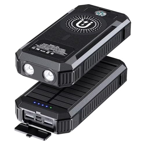 LRSA Solar Power Bank, 40000mAh, Magnetic Wireless Charging, with LED Flashlight and Compass, for Camping (Black)