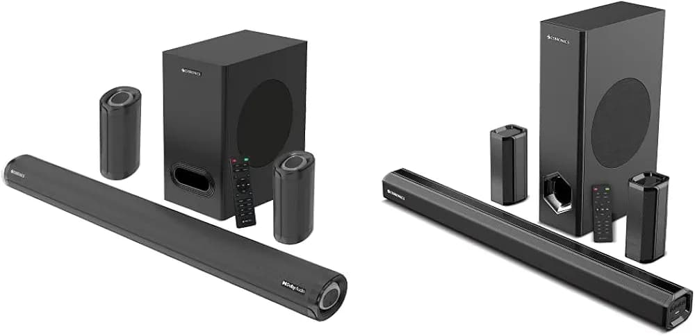 ZEBRONICS Zeb-Juke BAR 9500WS PRO Dolby 5.1 soundbar with Wireless Satellites, Dolby Audio & Zeb-Juke BAR 7400 PRO 5.1 Channel soundbar with 6.5” subwoofer, 180W RMS, Dual Rear Satellites, HDMI (ARC)