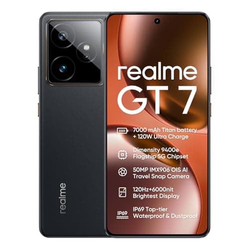 realme GT 7 5G Smartphone 12+512GB Black,6.78 inch Screen, 120HZ Curved Vision Display, 7000mAh Battery, 120W Ultra Charge, 140MP AI Cameras, Dimensity 9400e Flagship chip, IP69