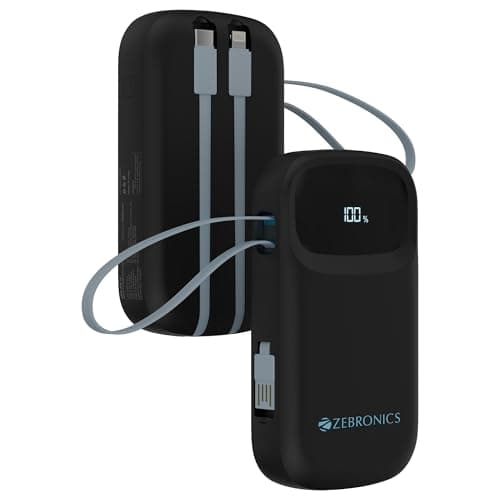ZEBRONICS 10000 mAh Power Bank, Compact Design, 22.5W Fast Charging, Built-In (Type-C & Lightning Cable) Type-C Port, LED Percentage Indicator, For Al...