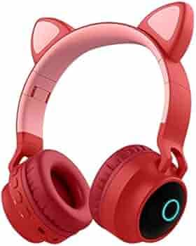 WK LIFE BORN TO LIVE- K9 Kids Headphones with Mic for Birthday Gift Girls Boys Cat Ear Bluetooth, Foldable LED Light Up Headphones Over On Ear for Online Learning School (Red)
