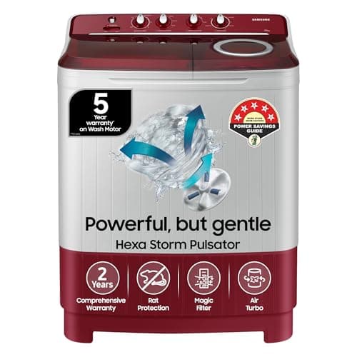 Samsung 7.5 Kg Inverter 5 star Top Loading Washing Machine (WT75B3200RR/TL, Light Grey & Red Base, Air turbo drying)