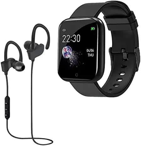 TechKing SPECIAL WITH 12 YEARS WARRANTY)Waterproof Smart Watch JB20 Touch Men Women Fitness Tracker Blood Pressure Heart Rate Monitor for Girls & Boys with FP-1 Wireless Bluetooth Headset Hand-Free Calling-BLACK