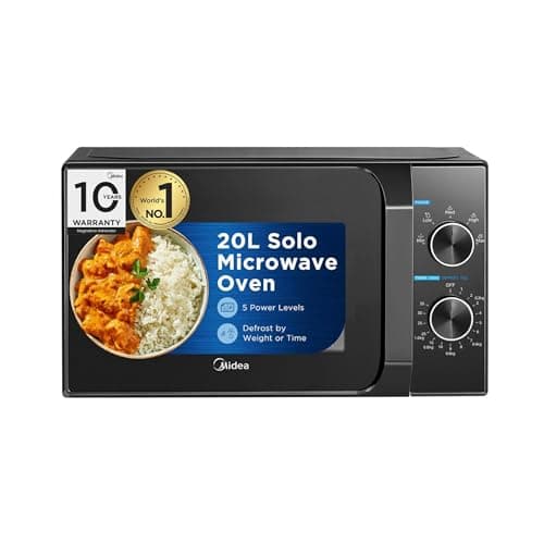 Midea 20L Solo Microwave Oven (MMO20CXA-MMPEBK, Black, 10 Year Magnetron warranty with 5 power levels & Defrost function)