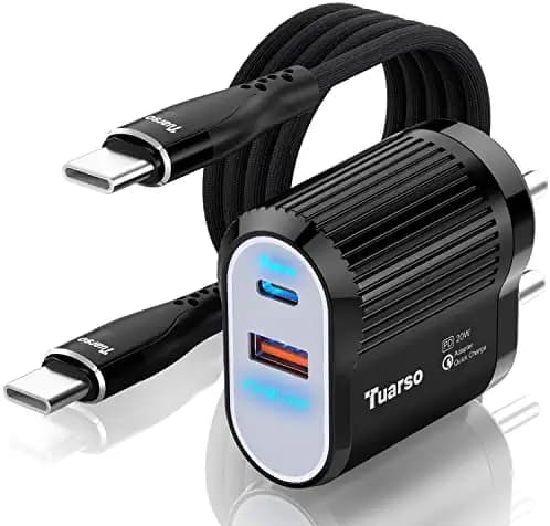 Tuarso 20W Mobile Charger Fast Charging,Dual Port Type C PD & USB Fast Charger Adapter Compatible with iPad Pro,Samsung Galaxy,OnePlus,Redmi and More Device (Charger with Cable)