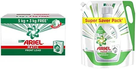 Ariel Matic Front Load Detergent Washing Powder - 5kg Plus 3kg & Ariel Matic Liquid Detergent Front Load Refill Pouch, 2 Litre
