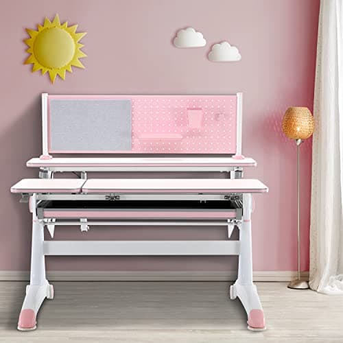 Green Soul Scholar Kids Ergonomic Adjustable Desk with Metal Frame for Children’s with Multi-Angle Tabletop & Drawer (Pink)