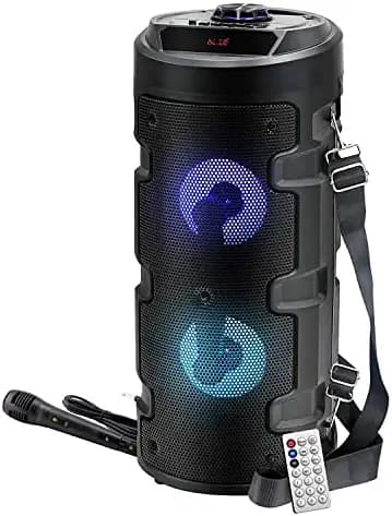Techobucks High Bass Wireless Sound Box Party Speaker Trolley Design with LED Colourful Lights, Karaoke Wired mic, Remote, FM Radio, AUX Input