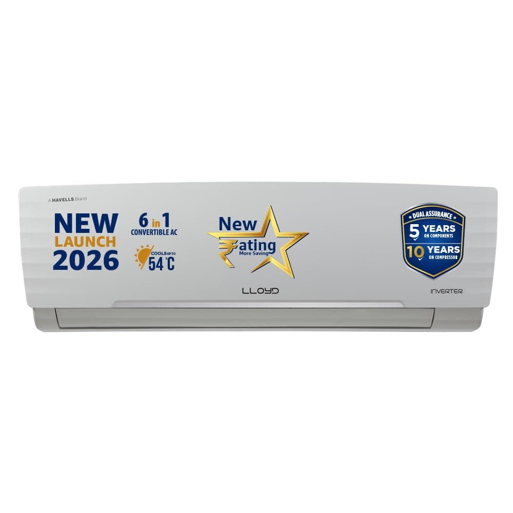Lloyd 1 Ton 3 Star Inverter Split AC, 2026 New Star Rated (6 in 1 Convertible, Cools Up To 54C, DG Mode, Ice Clean, Smart 4 Way Swing, Turbo Cool, Ins...