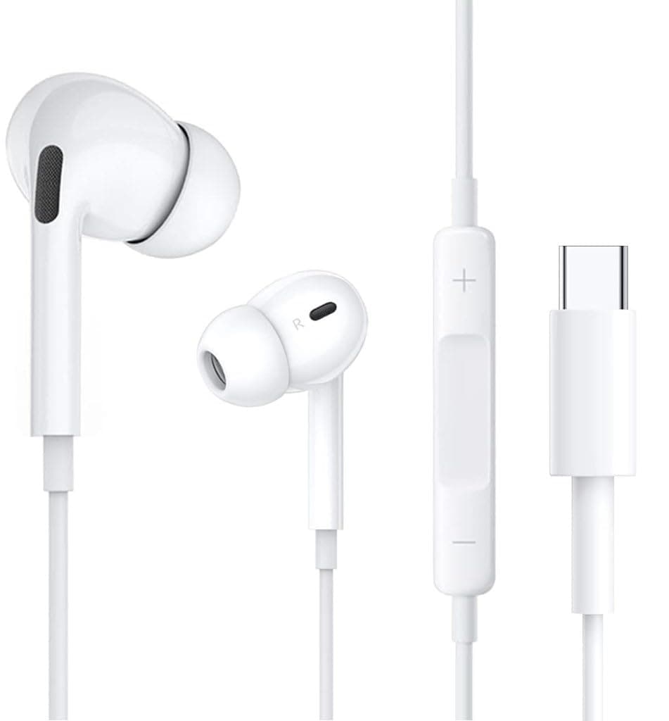 Type C Earphones, Wired Type C Earphones, Heavy Bass, Microphone Included, Call Support, Volume Adjustment, Compact, Compatible with iPhone 16, 15, Ga...