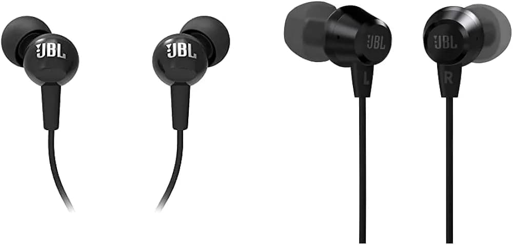 JBL C100SI Wired in Ear Headphones with Mic, Pure Bass Sound, One Button Multi-Function Remote, Angled Buds for Comfort fit (Black) & C50HI, Wired in Ear Headphones with Mic
