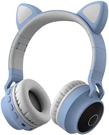 WK LIFE BORN TO LIVE- Kids Headphones with Mic for Birthday Gift Girls/Boys Cat Ear Bluetooth, Foldable LED Light Up Headphones Over On Ear for Online Learning School (Blue)