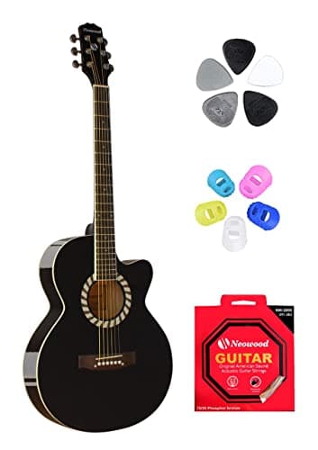 Neowood FLYS, Acoustic Guitar with Touch Pickup, Bag, Plectrums, finger Protectors & Neowood String Set (Black)