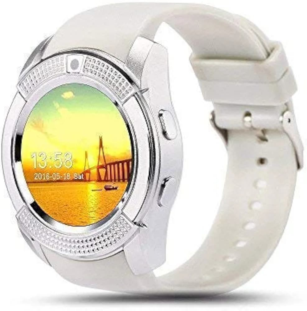 SNOOZEHUB V8 Smart Watch Smartwatch Bluetooth Touchscreen Sweat Proof Phone with Camera TF/SIM Card Slot for Android and iOS Smartphones for Kids Girls Boys Men Women - White
