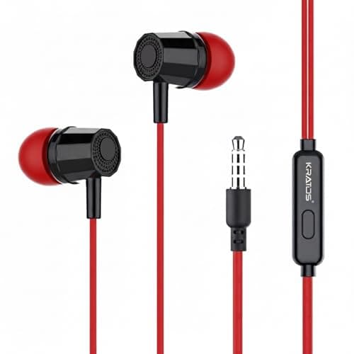 Kratos E02 Red Wired Earphones with 3.5mm Jack in-line Mic Control for Clear Calling & Music, Multi-Functional Controller,Sweat Resistant,Comfort Fit ...