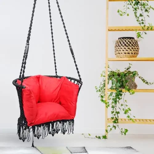 Curio Centre Make in India Premium C-Shape Swing with King Cushion/ Swing Chair Made of Polyester Ropes & Mild Steel Frame for Adults & Kids/Indoor Outdoor Hanging Swing Chair with Accessories (Black)