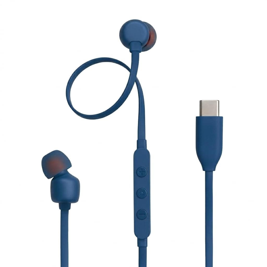 Original Type C Earphone for JBL Tune 310 C with Hi-Res Certified Sound, 3-Button Control and Durable Flat Cable Blue