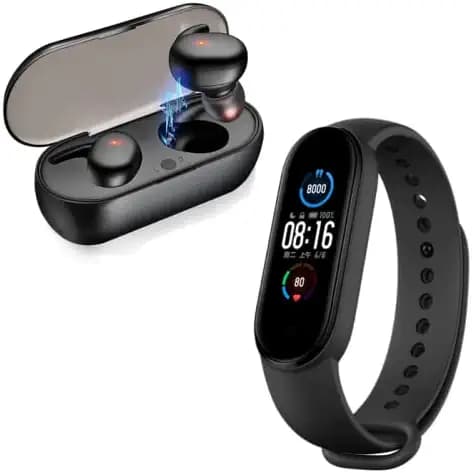 Infinizy(4 Year Warranty) Combo Pack of 2 Items - Truly Wireless Bluetooth Headset with Charging Case, M5 Smart Band Fitness Watch for Unisex