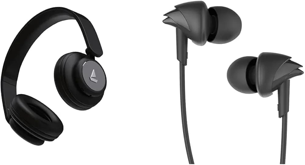 boAt Rockerz 450 Bluetooth On Ear Headphones with Mic, Upto 15 Hours Playback, 40MM Drivers, Padded Ear Cushions(Luscious Black) & BassHeads 100 in-Ear Wired Headphones with Mic (Black)