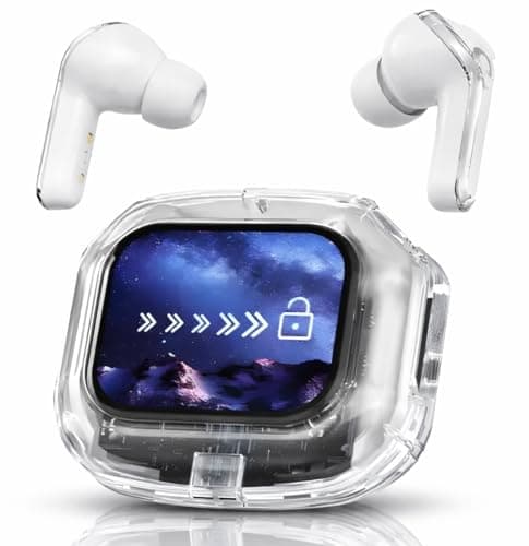 VEHOP AIRMAX Screen TWS, Smart Touch Display True Wireless Buds, BT5.4 with Low Latency Gaming Mode, Type-C Fast Charging, Find My Earbuds, 4 Mics ENC for Clear Calling, EQ Mode.(White)