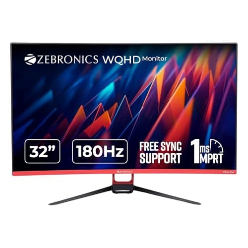 ZEBRONICS 32 inch WQHD 2K Curved 165Hz Gaming Monitor, HDR10, 1ms MPRT Response time, Free sync Support, HDMI, DP, 280 Nits max, 16.7M Colors, Built-in Speakers and Bezel Less Design ZEB-S32A