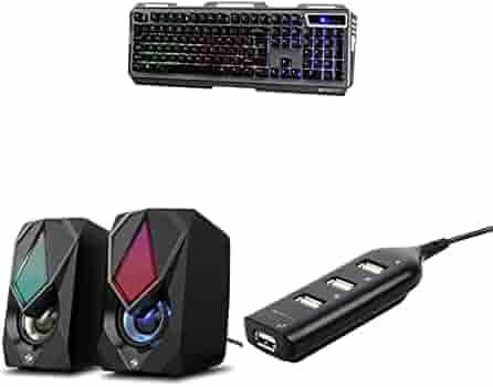 ZEBRONICS Zeb-Transformer-k USB Gaming Keyboard, Black & Zeb-Warrior II 10 watts 2.0 Multimedia Speaker with RGB Lights & ZEB-90HB 4 Ports, Pocket Sized, Plug & Play USB Hub