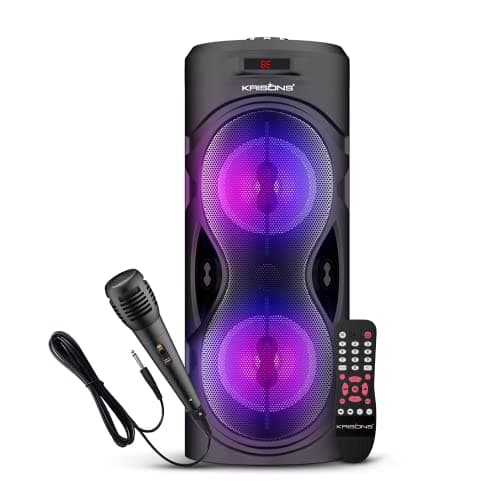 KRISONS Cylender 4” Double Woofer 30W Multi-Media Bluetooth Party Speaker with Wired Mic for Karaoke, RGB Lights, USB, SD Card and FM Radio – Black