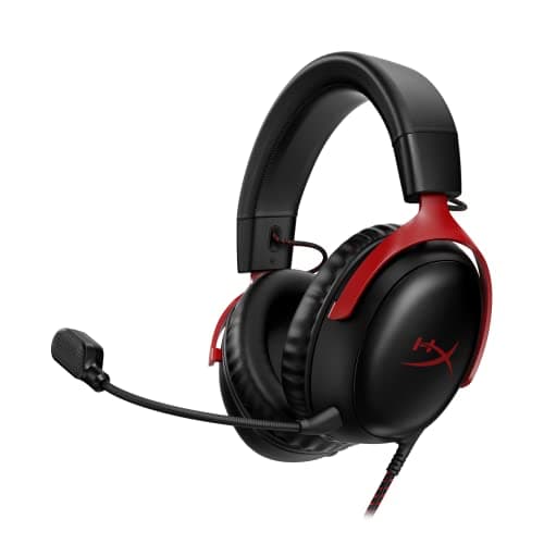 HyperX Cloud III – Wired Gaming Headset, PC, PS5, Xbox Series X|S, Angled 53mm Drivers, DTS, Memory Foam, Durable Frame, Ultra-Clear 10mm Mic, USB-C, USB-A, 3.5mm – Black/Red (727A9A)