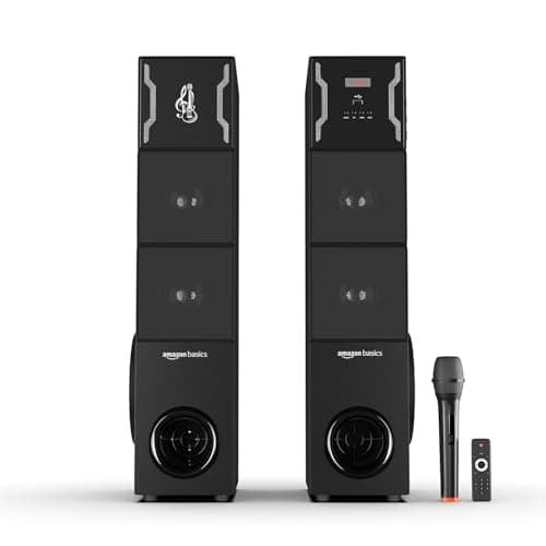 amazon basics 2.0CH 125W Multimedia Tower Speakers with Wireless Microphone, Multi-Connectivity Option with Supporting USB, AUX, FM, Mic (Black)