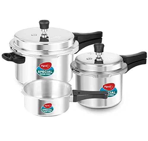 Pigeon by Stovekraft Aluminium Pressure Cooker Combo with Non-Induction Base Outer Lid - 2 L, 3 L, 5 L - 12735 (Silver)
