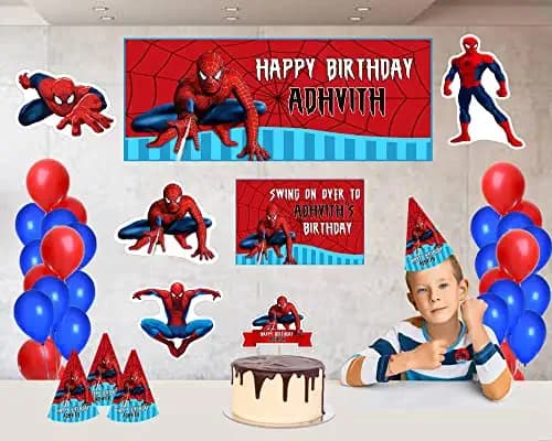 WoW Party Studio Personalized Spiderman Super Hero Theme Happy Birthday Party Decorations Supplies with Birthday Boy/Girl Name & Age - Combo Kit #2 (37 Pcs)