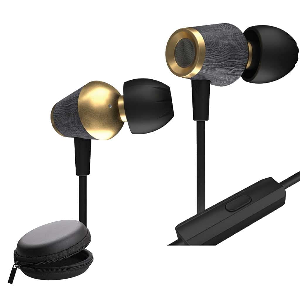 CCA CST 10mm Dual Magnetic Dynamic Driver Wooden in Ear Earphone Metal Bass Earphones Sports Dynamic Headset with Leatherette Case (Gold with MIC) In-