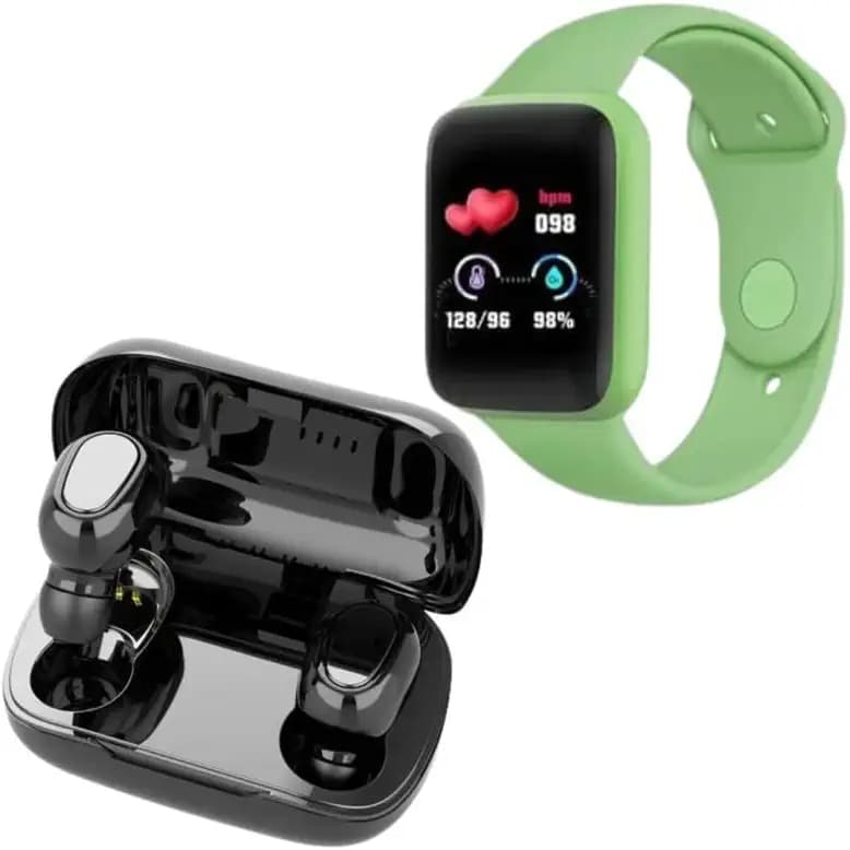 Raptas Bluetooth Green Color D20 SmartWatch with Heart Rate & Blood Pressure Monitor, Sleep Monitor with TWS L21 Wireless Earphones Bluetooth 5.0 Headphones Mini Stereo Earbuds Sport Headset Bass