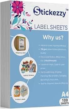 Stickezzy A4 Size White Multipurpose Sticker Paper 150 GSM- Maplitho Finish for Printing Stickers/Labels (Inkjet, Copier & Laser Printer) (100 Sheets)