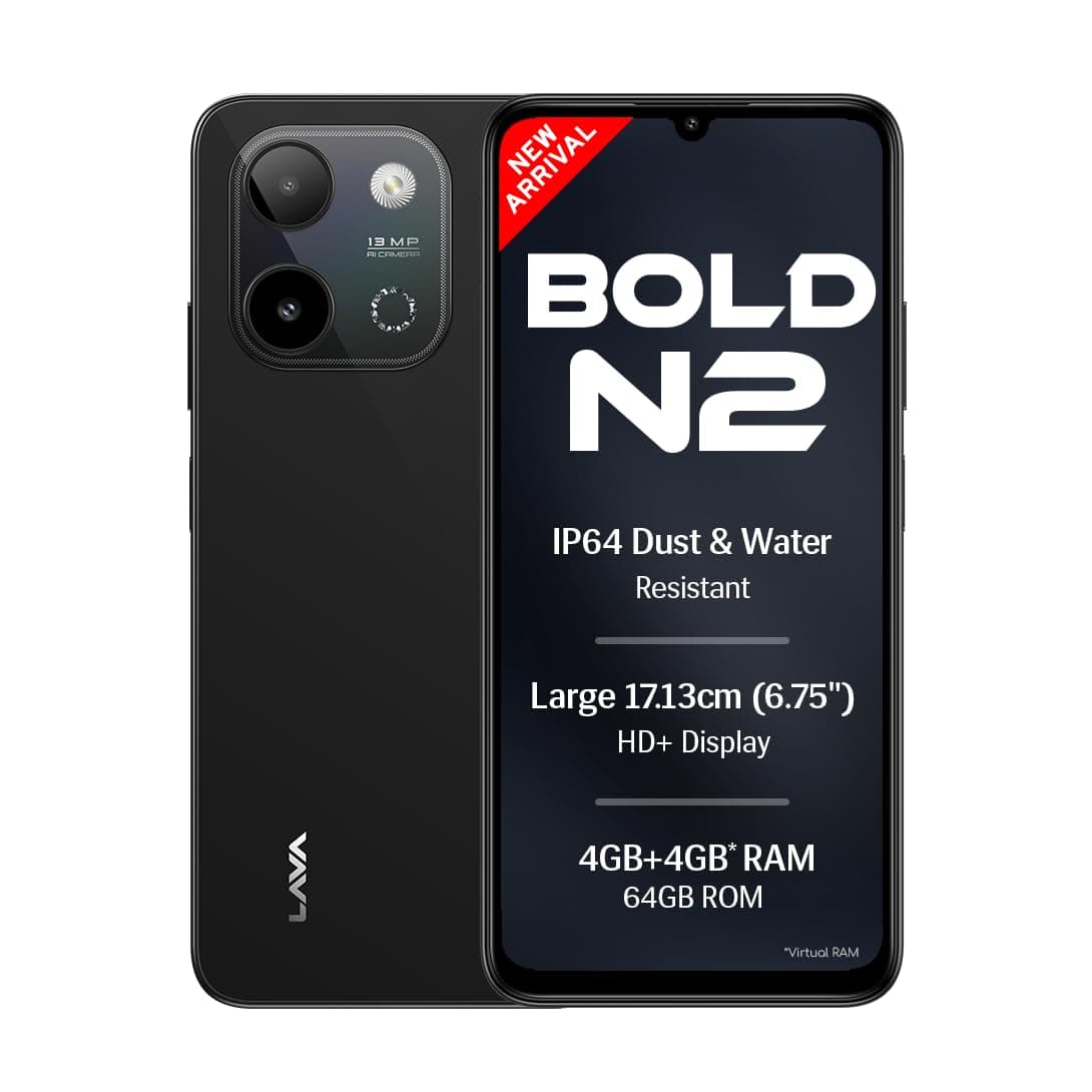 Lava Bold N2 (Indus Black, 4 GB RAM, 64 GB Storage) | 13MP AI Dual Rear Camera | Largest 6.75" HD+ Display | 5000 mAh Battery & 10W Charging | IP64 Wa...