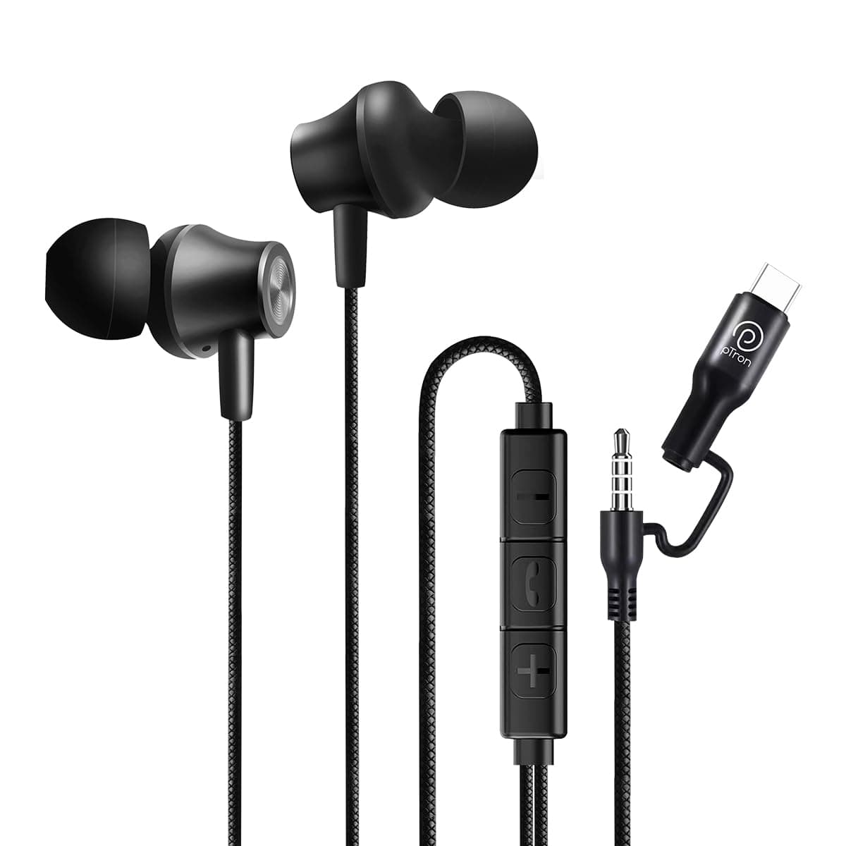 pTron Boom Play X5 in-Ear Wired Earphones w/Type-C & 3.5mm Aux Connectors, 10mm Drivers for Pristine Sound, HD Mic for Clear Calls, in-line Controls,1...