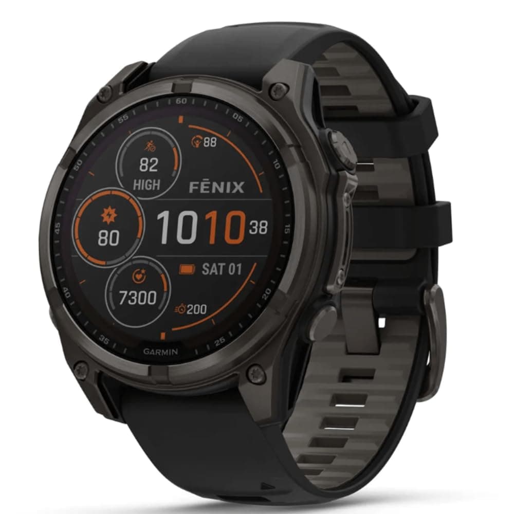 Garmin Fenix 8 AMOLED Sapphire Smartwatch – 47 mm, Carbon Gray Titanium, Black/Pebble Grey Silicone Band, Up to 2 Weeks of Battery Life