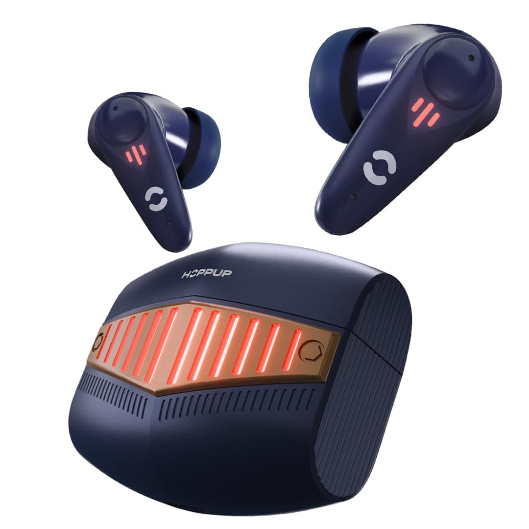 HOPPUP Predator Xo7 Gaming Earbuds with 35MS Low Latency, 13MM Drivers & Quad Mic ENC Bluetooth Headset (Blue, Gold, True Wireless)