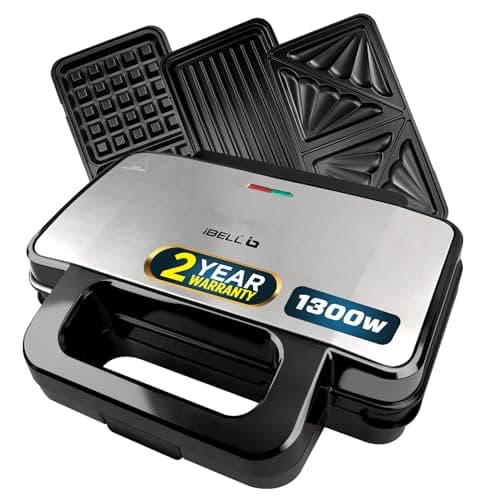 iBELL SM3010M 3-in-1 Sandwich Maker Big Size, 1300 Watt, 2 Year Warranty, with Automatic Temperature Control and Detachable Plates for Toast/Waffle/Gr...