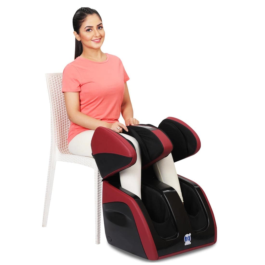 JSB HF111 Leg Massager Machine for Home Pain Relief in Calf, Foot, Knee, Thighs with Airbags, Heating & Foot Roller (Red Black)