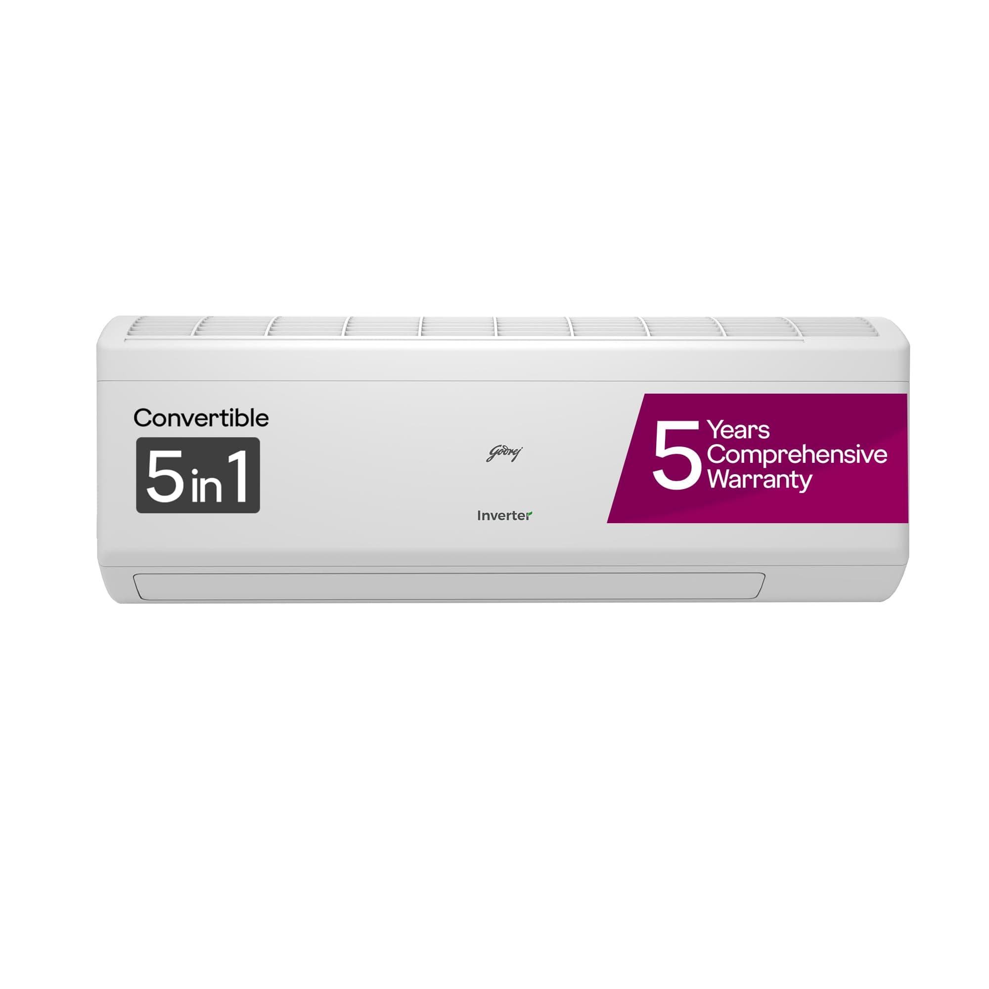 Godrej 1 Ton 5 Star, 5-in-1 Convertible Cooling, Inverter Split AC (2024 Model, Copper, Heavy-Duty Cooling at 52 Deg Celcius, AC 1T EI 12IINV5R32-WWR,...
