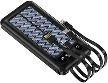 Ziome Solar Power Bank 10000mAh Portable Charger | 15W Output | 4 Built-in Cable (Lightning/Micro/USB Type C) with Led Flashlight | Travel-Friendly Po...