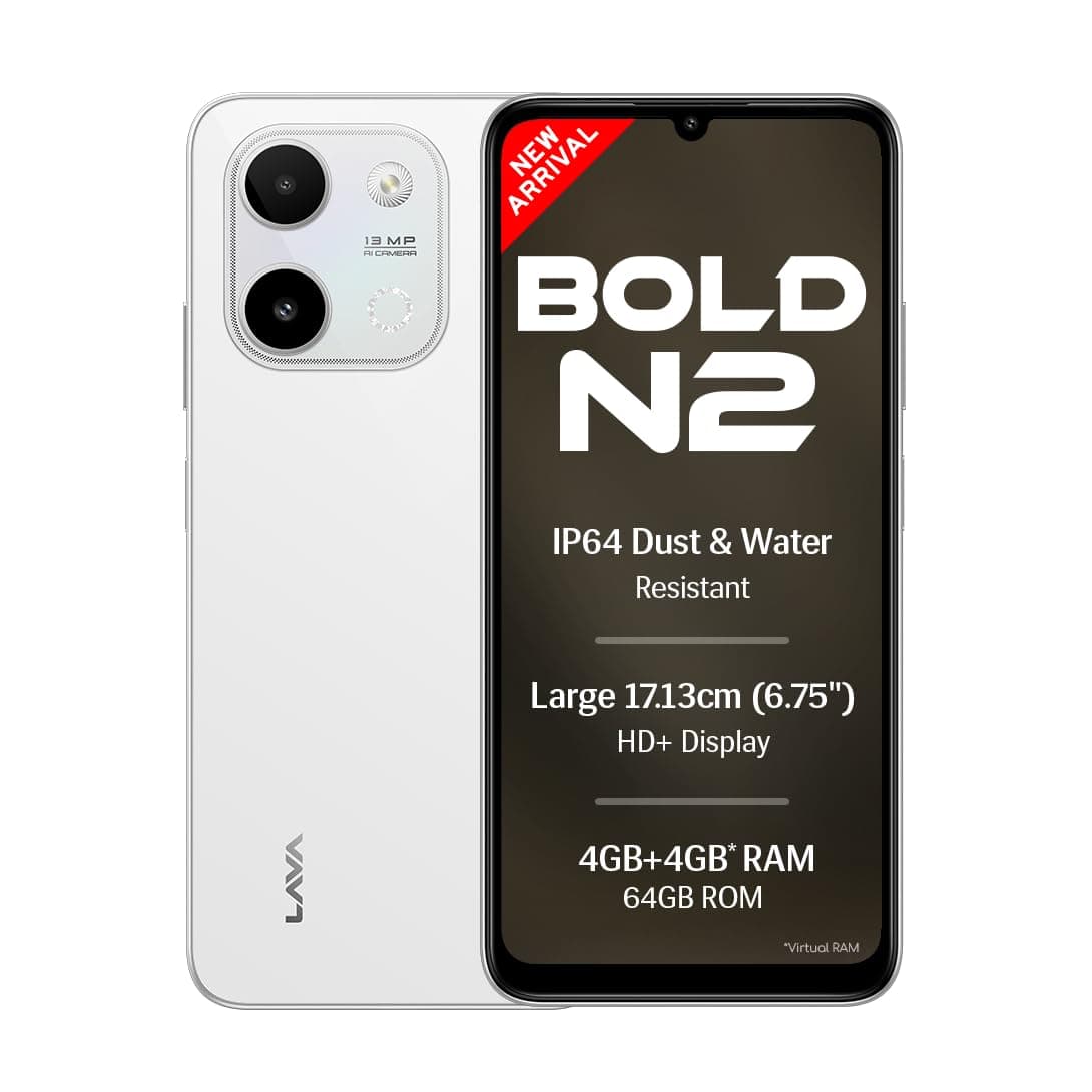 Lava Bold N2 (Siachen White, 4 GB RAM, 64 GB Storage) | 13MP AI Dual Rear Camera | Largest 6.75" HD+ Display | 5000 mAh Battery & 10W Charging | IP64 ...