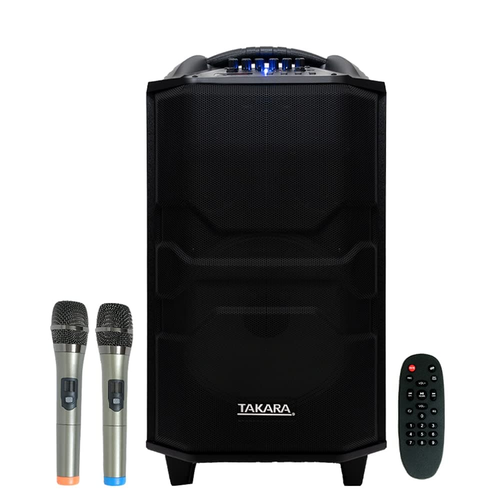 Takara Karaoke Speaker Trolley 12 Inch Woofer Portable Multimedia Bluetooth; Audio Recording; USB; SD; TF; AUX PA System with 2 Wireless UHF Mic; Remo