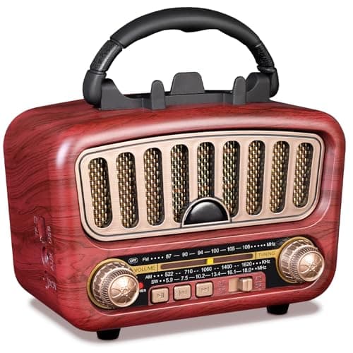 PRUNUS J-180 Vintage Retro Radio Bluetooth Speaker with Stereo Sound, AM FM Portable with Loud Volume, BT5.0, TF Card & MP3 Player, Rechargeable Battery Speaker