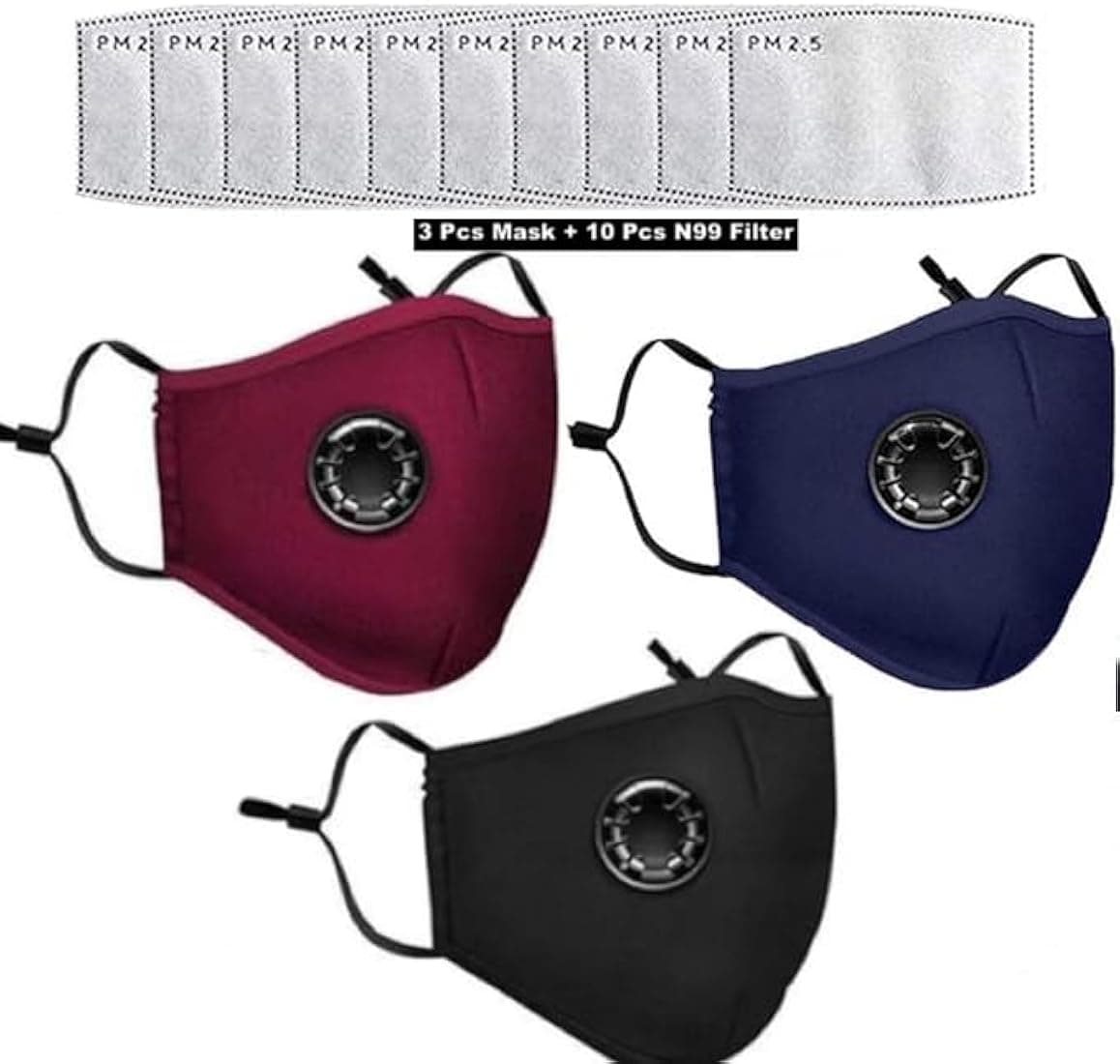 Yugan N99 Anti Pollution Reusable and Washable Face Mask with 10 Replaceable Filters, Unisex, With Valve, Pack of 3 Mask with 10 filters Oxiclearr